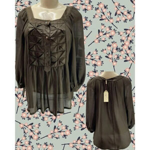 Max Studio S Brown Sheer 100% Silk Quilted Button Front Detail 3/4 Sleeve Blouse